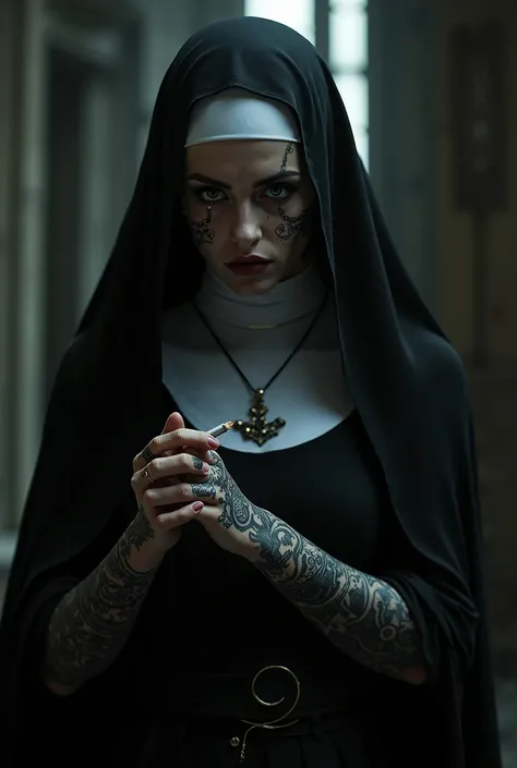 Nun face gothic smoking cigarette with tatoo and ligh