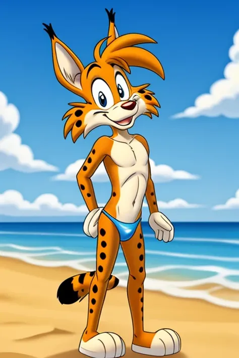 Lynx cartoon guy full length slim skinny in striped blue-red speedo on the beach with a happy face striped tail