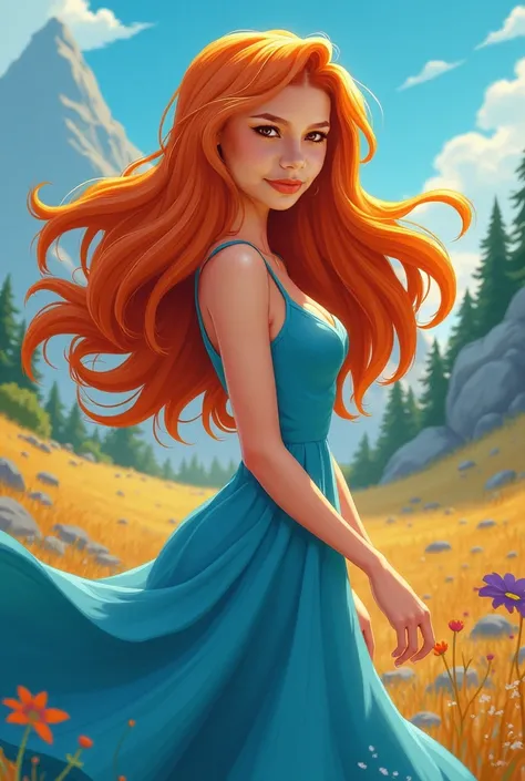  Beautiful girl with long wavy hair, Blue dress converted into a Scooby Doo cartoon