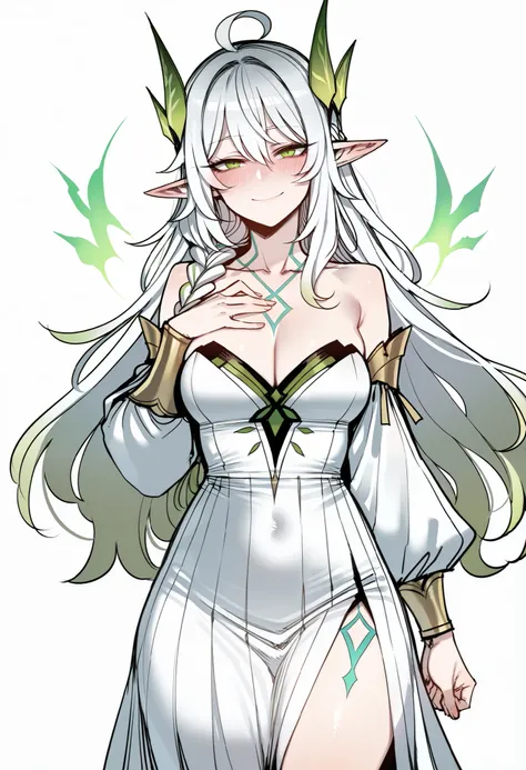 (ratatatat74:0.9), 1girl, solo, Rukk, body markings, long hair, braid, white hair, green colored tips, green eyes, ahoge, pointy ears, strapless dress, white dress, detached sleeves, white sleeves, cleavage, long sleeves, long skirt, white skirt, smile, bl...