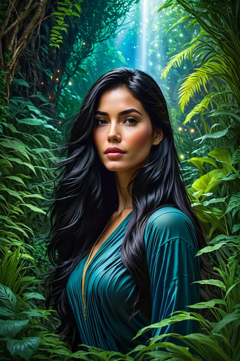 A beautiful young woman with long , flowing black hair in a lush , hyperrealistic garden , Highly detailed 8k Masterpiece , photorealistic , dramatic deep space colors, extreme depth of field, cinematic lighting , award-winning digital art