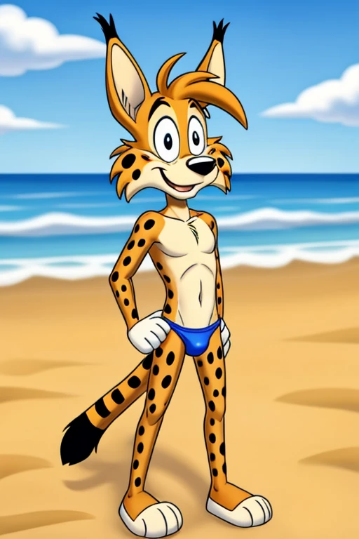 Lynx cartoon guy full length slim skinny in striped blue-red speedo on the beach with a happy face striped tail