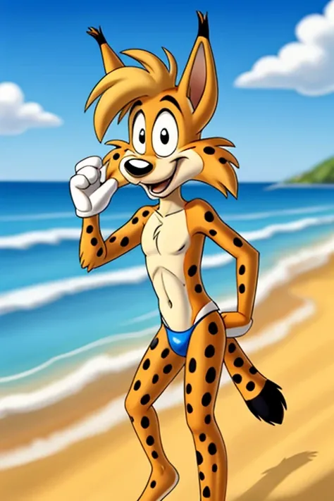 Lynx cartoon guy full length slim skinny in striped blue-red speedo on the beach with a happy face striped tail