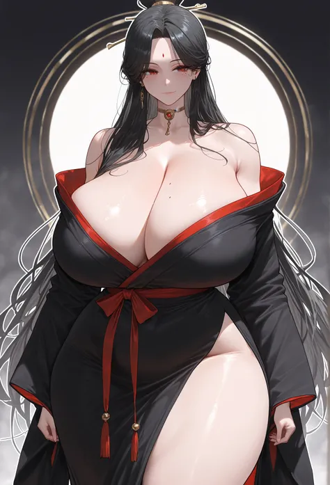 (masterpiece, high resolution, 2k resolution, best quality), (1girl, perfect anatomy, perfect face),
((black hair), long hair), (red eyes, perfect eyes),
black oriental kimono), Narrow shoulders,
((standing),
(expressionless, light smile, mole under eye),
...