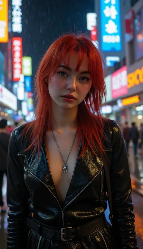 busty Hania Amir as ((A slim red-haired student:1.3)), ((with long straight hair and asymmetric bangs that obscure one eye stands on a rainy day)), ((cyberpunk urban street:1.3)), bathed in the neon glow of towering holographic signs and advertisements, (m...