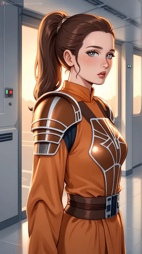 score_9, score_8_up, score_7_up, realistic photo of bstlshn, 19-year-old 1girl, brown hair, twin ponytail updo, grey eyes, orange jedi outfit, leather armor, portrait, (looking at viewer), parted lips, shy look, parted lips, masterpiece, slim figure, petit...