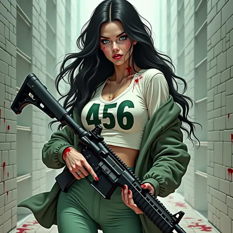 ( masterpiece), ( The best quality : 1.1) ( ultra detailed )  illustration style , (retrato: 1.1) IN A LARGE ROOM WITH IMMACULATE WHITE BRICK WALLS WITH LOTS OF BLACK BUNK BEDS ALL  AND SHE WITH A SHORT MACHINE GUN,  STAND TURNED ON THE SIDE STAINED WITH B...