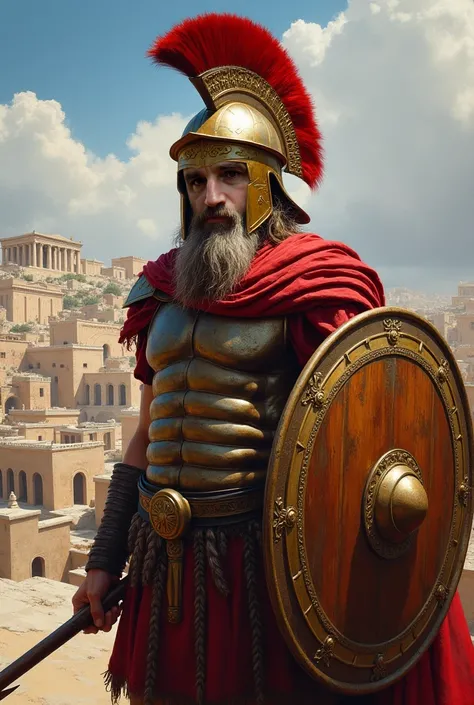 An spartan hoplite head, with intricate helmet. Painting style. Red clothes, ancient greek city background, alone, brown beard with some gray hair. Spear in one hand, spartan shield in other. Like Matejko painting