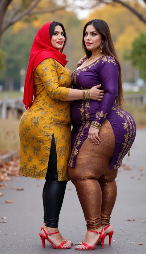 I am 40 year old plus size tall and big giant indian muslim women, looking like indian actress hansika motwani, wearing a gold amd black boarded kurti and shining reflective glossy cyan ankle length leggings and red hijab,white-skin,white skin tone, beauti...