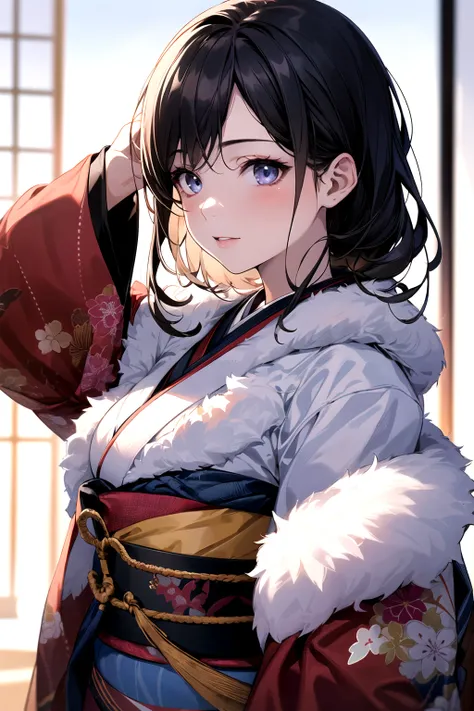 1girl, matured female, In winter Year-End Night, wearing kimono, bow, best quality, hires, detailed face, detailed background, diffused sunlight, depth of field, anatomically correct, doing magic. high quality.   