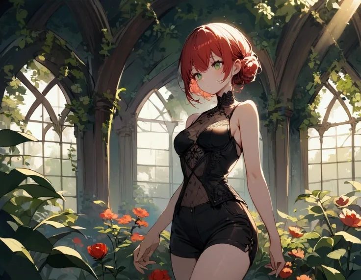 a beautiful, attractive, slender, short woman, with short red hair, green eyes, short black bodice, black shorts, in the background a garden