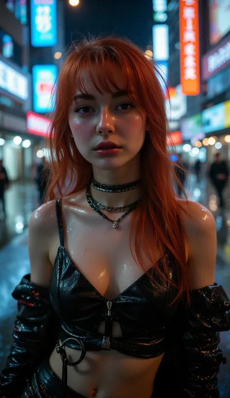 busty Hania Amir as ((A slim red-haired student:1.3)), ((with long straight hair and asymmetric bangs that obscure one eye stands on a rainy day)), ((cyberpunk urban street:1.3)), bathed in the neon glow of towering holographic signs and advertisements, (m...