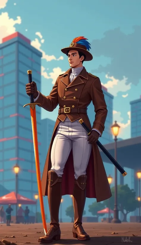 masterpiece,oil painting_baroque+ ultradeailed , Best quality at best, full-body view , 1 full body ,  generate the image in the retro anime style ,  of a man wearing  (( Olympic riding uniform))+(Equitation attire ), brown boots, pantalon negro, camisa bl...