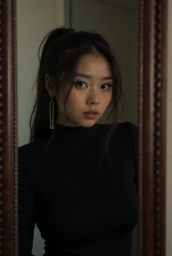 Mirror picture of girl hidden face dark room real picture a beautiful korean woman chubby, plump chubby, looking at the camera, trendy black elegant style outfit, with long hairstyle ponytail, mirror potrait, detailed, realistic, Ultra Hd