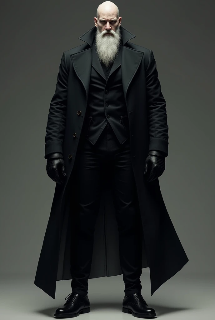 He have a black ulster coat on with black pants and gloves and shoes, his skin is pale and hes very tall with a  muscular Appearance he have a white  beard and 