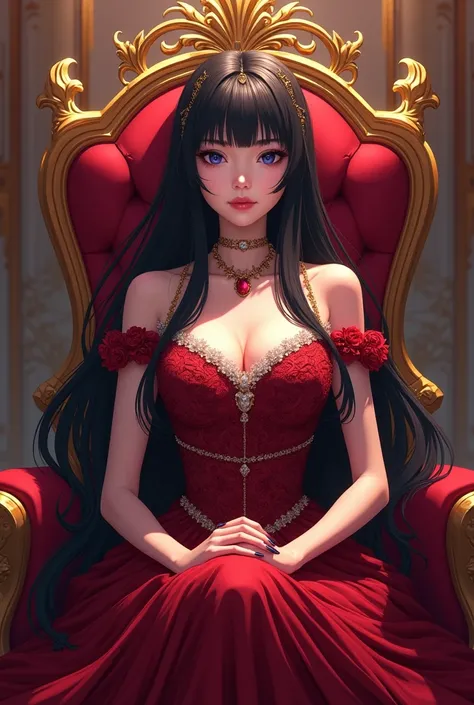 ultra quality,detailed,queen,high-handed、so beautiful、crimson rose dress、jet black hair、long hair、sit on the throne、anime、