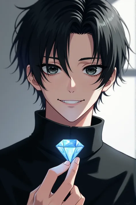 Young, handsome, black haired, black eyes, short black hair,v shaped bangs between eyebrows, closed mouth grinning smile,black Gakuran uniform,with a diamond in his hand