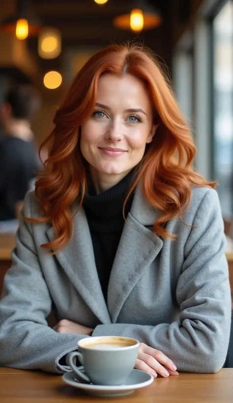 A 35-year-old woman with medium-length red hair, wearing a light gray coat, sitting in a coffee shop.