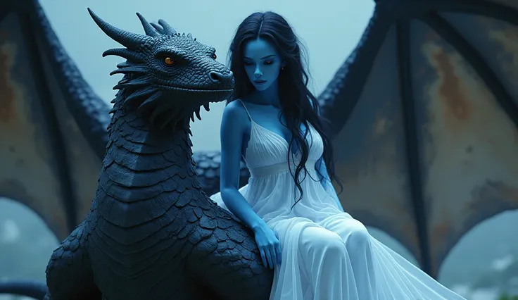 a beautiful sexy blue alien girl with long black hair and white dress sitting on  black dragon. close picture.