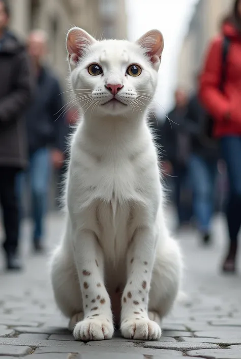 Surrounded by people, female Leopard, flat chested, wide hips, dressed in white shirt, with a mini skirt, furry, White body, shiny and soft skin, worried, standing, White background, extremely detailed, beautiful and detailed eyes, black eyes, full body, w...