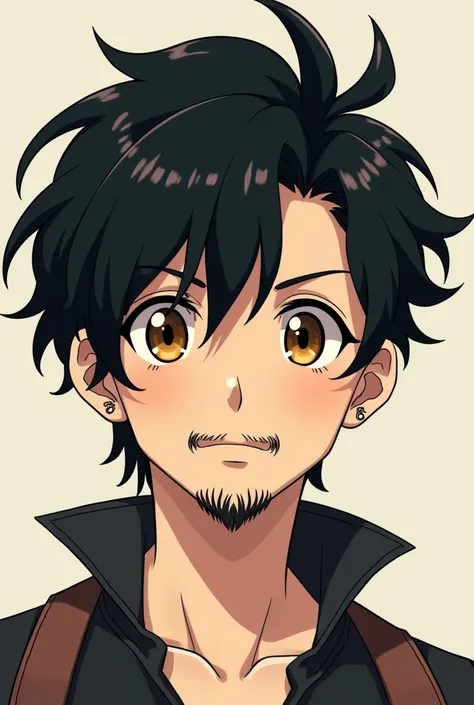 I want a anime character with black hair, brown eyes kinda curly hair a little moustache a little beard