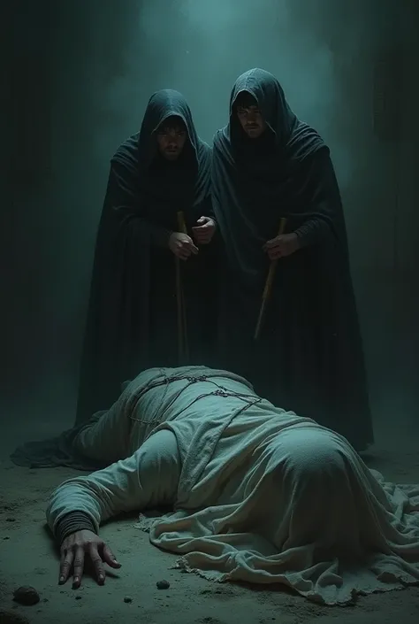 The traveler and the thief are tied together next to a shrouded body lying on the ground in a dimly lit area, looking terrified and unwilling to be near the body.