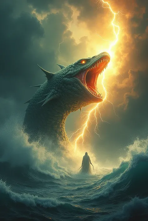 An ultra-realistic depiction of an epic battle between God and the biblical Leviathan, set in the heart of a chaotic, storm-tossed ocean. The Leviathan, a monstrous sea creature of unimaginable size, twists its massive, scaled body through towering waves. ...