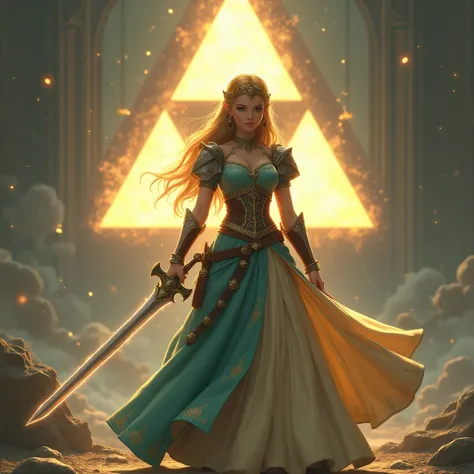 Guerrière Princesse Zelda avec l’épée de légende, triforce en fond 