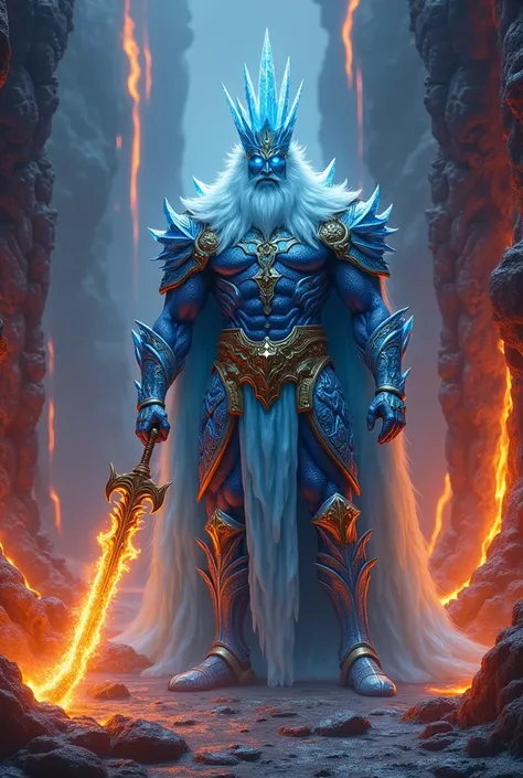 "An imposing Ice King stands tall in the heart of a massive lava castle, a striking contrast to the molten rivers and fiery glow around him. His shimmering blue armor, adorned with intricate gold accents, reflects the flickering light of the lava, giving h...