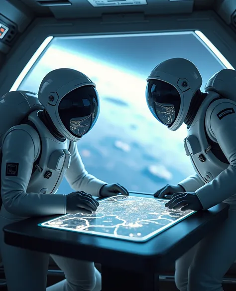 Astronauts looking at the map on a state-of-the-art screen. Outside the window is a view of space, the pilots helmet is a blind mirror. The map display is clear, square, and the screen is neven.