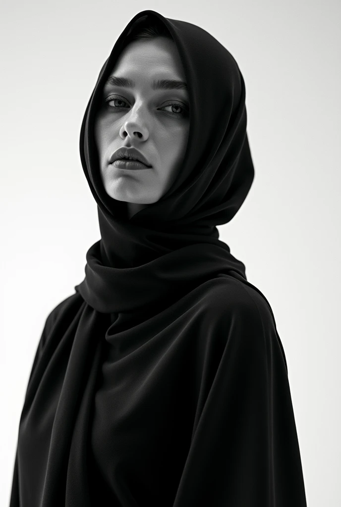 Minimalist black-and-white photography of a model wearing a head scarf, inspired in the style of Yves Saint Laurent with high-contrast shadows. #zyoaqbupfd:0.1