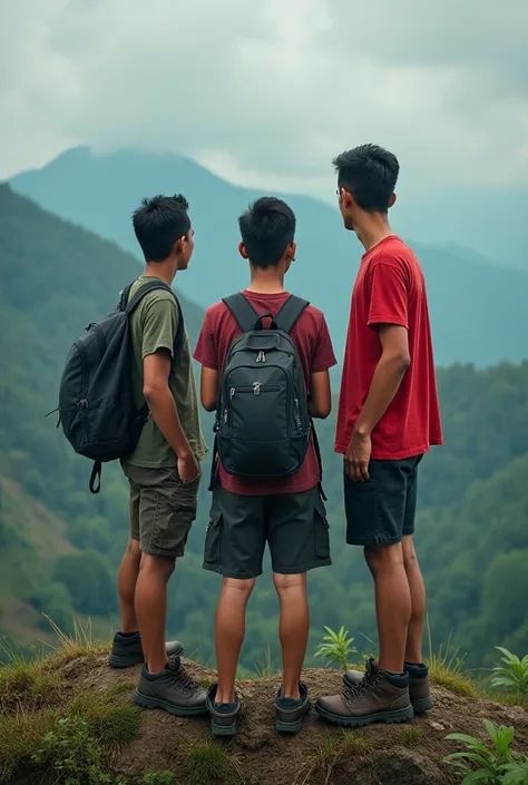  movie poster about 3 handsome Indonesian youths  , dressed in casual shirt  , SHORTS ,membawa tas ransel, and mountain boots ,  they are young men with mental retardation (idiot)  together while climbing a mountain  ,original photo ,text the movie said  "...