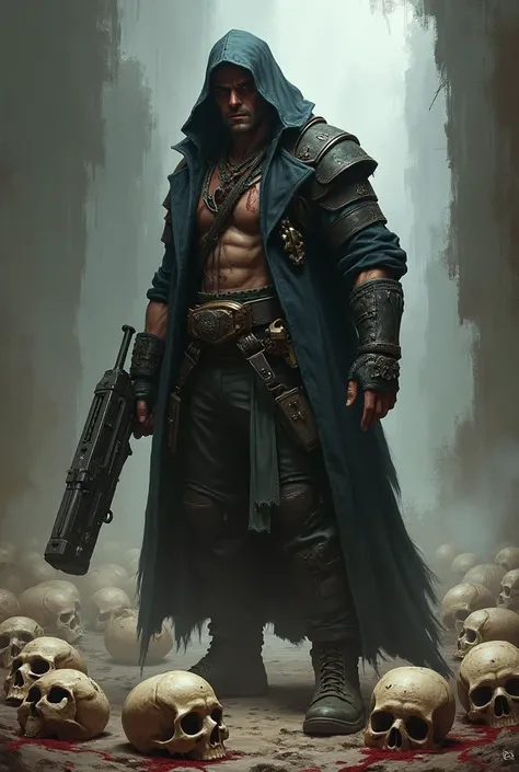 a death fighter in his hand a gun in his around there are skull