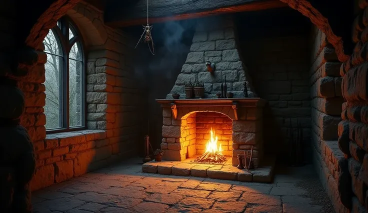 "A dark, atmospheric medieval hall with a burning fireplace casting warm, flickering light. The room is shadowy, with cobwebs and spiders in the corners, creating an eerie yet enchanting vibe. The stone walls are aged and weathered, with wooden beams overh...