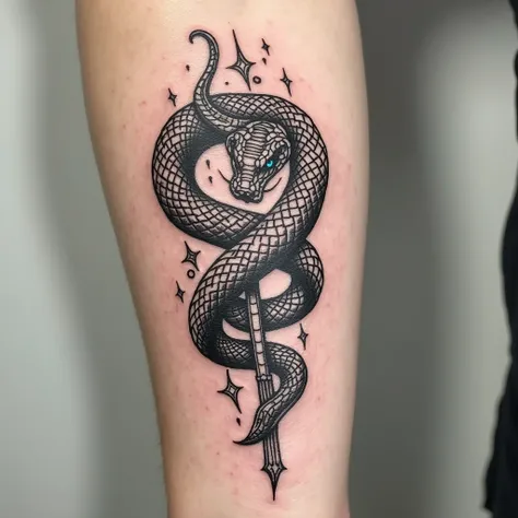 Hello can you create a tattoo design for me that is a snake wrapped around a witchs knot ,  the design should be elongated and stylized for a woman only the design do it right the witchs knot should be noticed 