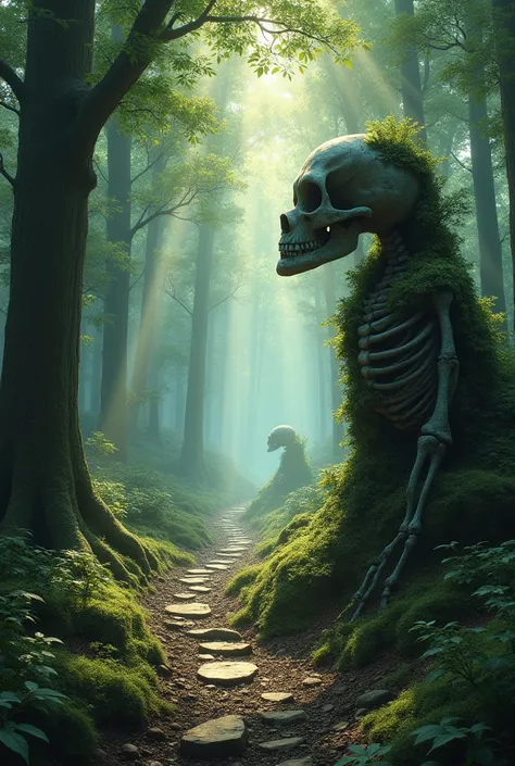 A magical forest with towering trees, sunlight streaming through the canopy, and a gentle mist rising from the ground. A narrow, winding path leads deeper into the mysterious woods with a stone made skeleton tilted into the ground with fungi on some areas ...