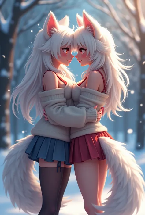 2 furry girls, tight skirt, pantyhose, furry, fluffy tail, slim waist, wide hips, large butt, small perky breasts, sweater, paws, winter, white fur, beautiful hair, seductive eyes, lesbian