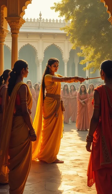 "Rani Lakshmibai in a palace courtyard under the golden sunlight, teaching young ren swordsmanship, her sword mid-air, with admiring onlookers including women and elders."