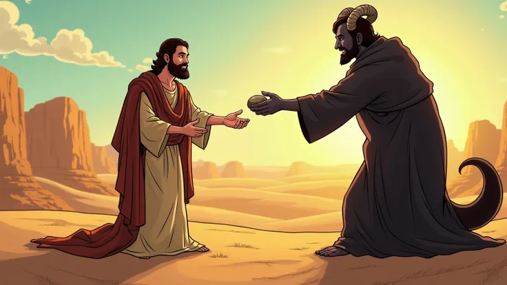 Hungry man in the desert ,  representing Jesus ,  is tempted by a dark figure with horns and tail, offering a stone , Jesus regeita a Pedra , close on their faces and the stone  ,In Marvel-style animated comic strips ,