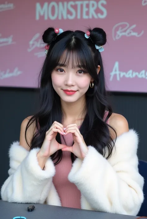  create the photo of a Korean Soojin woman with long wavy black hair, fringe, two buns in the hair,  cute and colorful accessories in her hair o ,  striking light blue eyes ,  arched soapy eyebrows , outlined thin black ,  full lips . She wears a delicate ...