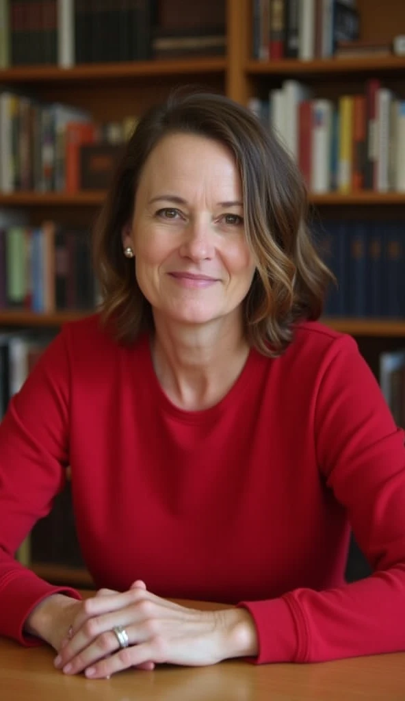 A woman aged 37, dressed in a simple red sweater, sitting at a wooden table with books behind her.