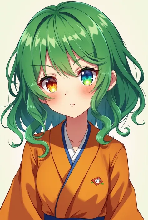 Girl with green hair in an orange Japanese school suit with rainbow eyes