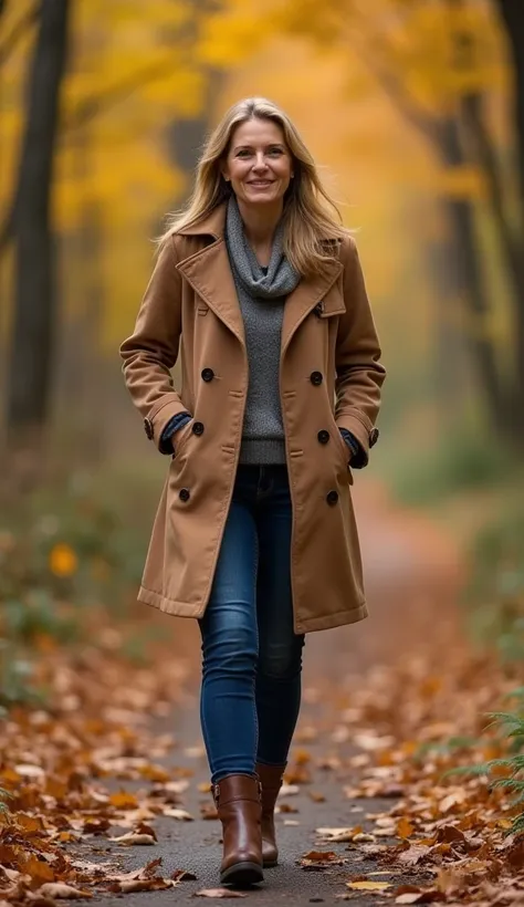 A woman in her mid-30s, wearing a casual coat, walking through an autumn forest path.