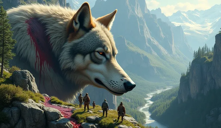 A colossal, slumbering wolf, its fur a blend of gray and brown, dominates a mountainous landscape. Tiny human figures observe from rocky outcrops, a stream of crimson fluid cascading from the wolfs side."
 * "A majestic wolf, larger than life, rests amidst...