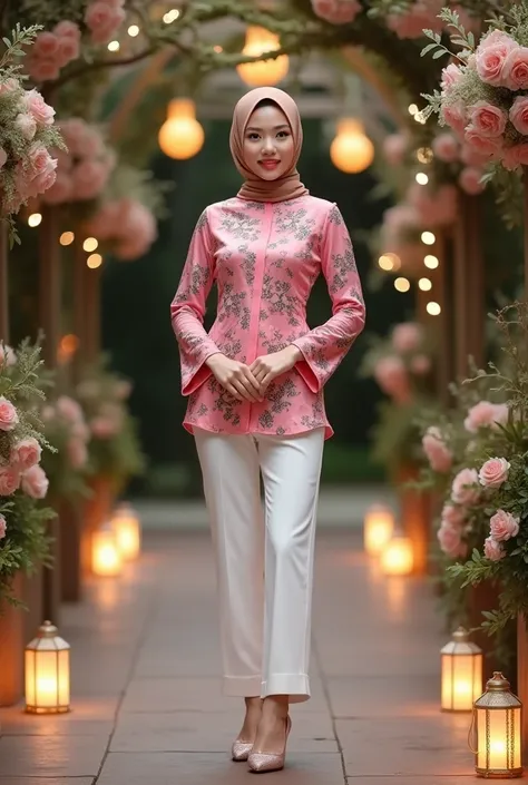 "A beautiful woman wearing a mocca hijab and a pink floral patterned modern kebaya top.  He also wears white pants and transparent heels .  He stands inside an outdoor area decorated with hanging lanterns and flower arrangements ,  creates a warm and elega...