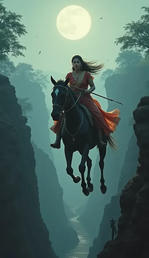 "A legendary scene showing Rani Lakshmibai jumping across a wide canyon on horseback, carrying her baby securely tied to her back, while arrows fly past her, with a moonlit forest in the distance."