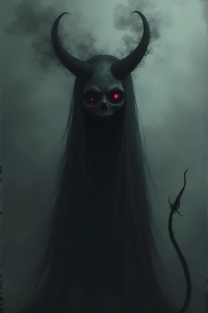 A black demon-like entity with several empty eyes on its face.   with a black tail and black smoke coming out of it , Similar to the female gender 