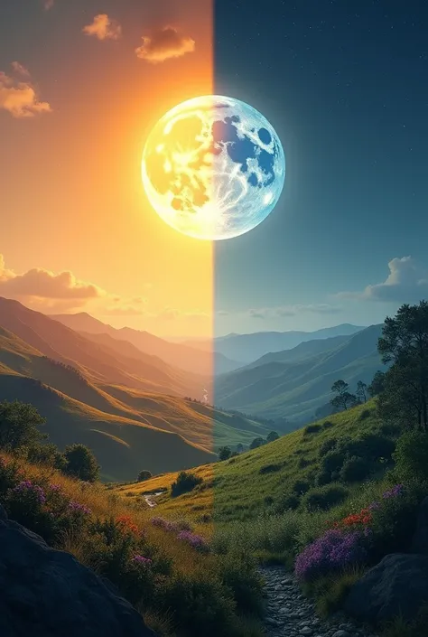  The sun shining brightly on an earthly landscape, followed by a full Moon in the night sky .