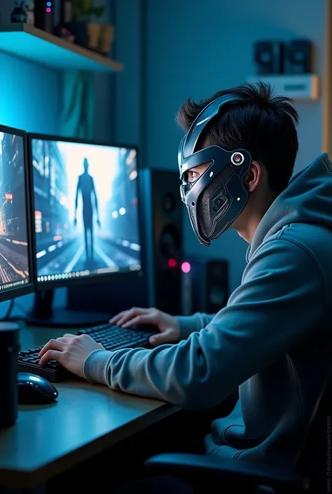 A young man wearing a robotic mask watching a movie on a gamer computer 