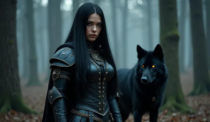 A powerful curvy warrior with long straight black hair and tight black leather armor, accented with burnished metal details. Her outfit combines gothic and medieval elements, designed to highlight her strength and femininity. She is in a mysterious landsca...